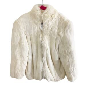 Vintage KC Collections White Rabbit Fur Jacket Girls Size 4 EUC Zip Up Pockets